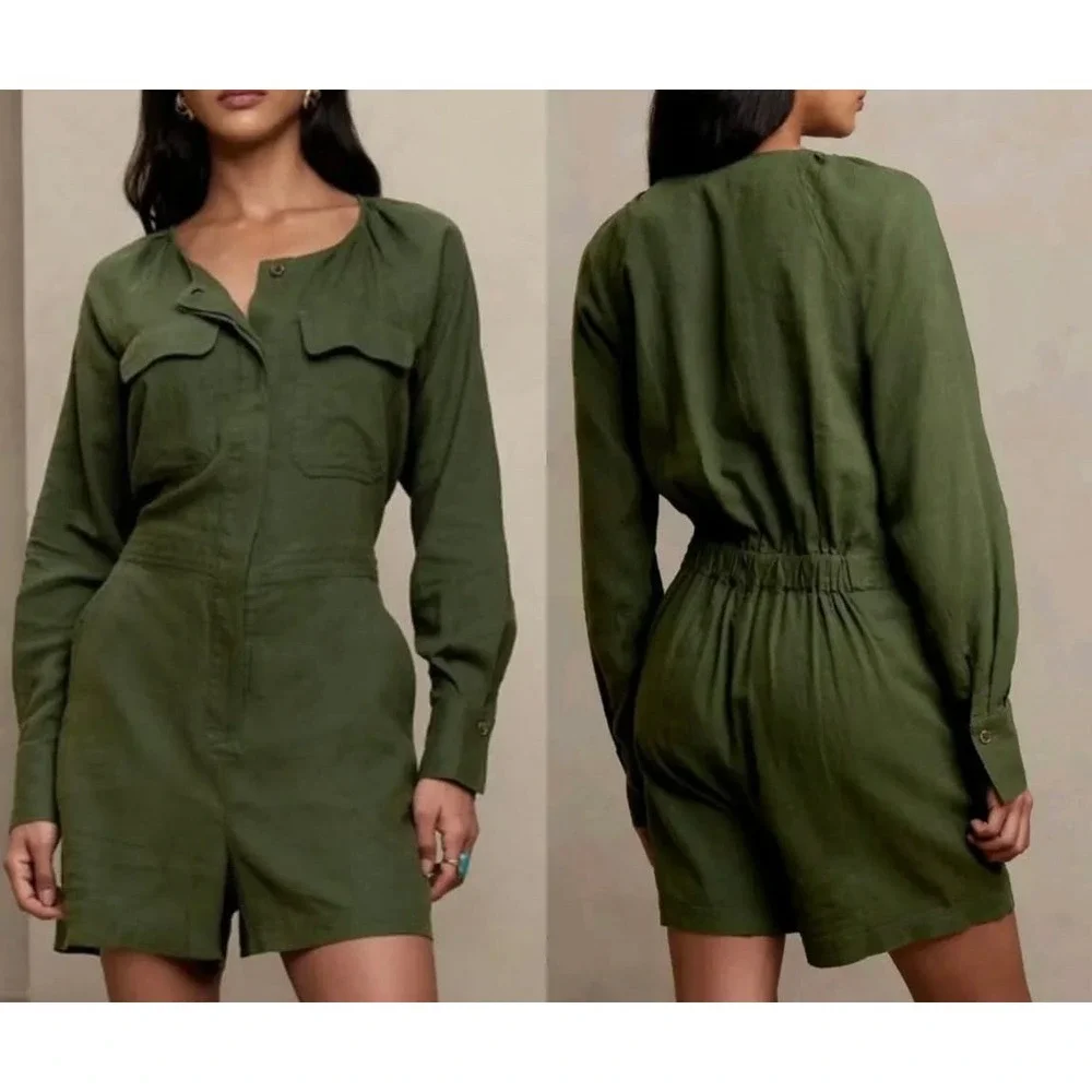 Banana Republic Olive Green Linen Blend Utility Romper‎ Large Petite LP